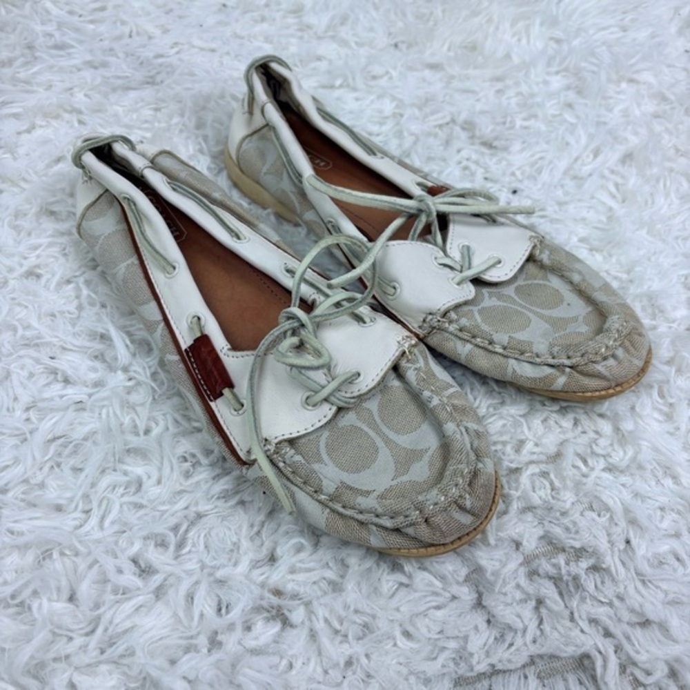 COACH white leather C canvas lace up boat shoes size 8.5